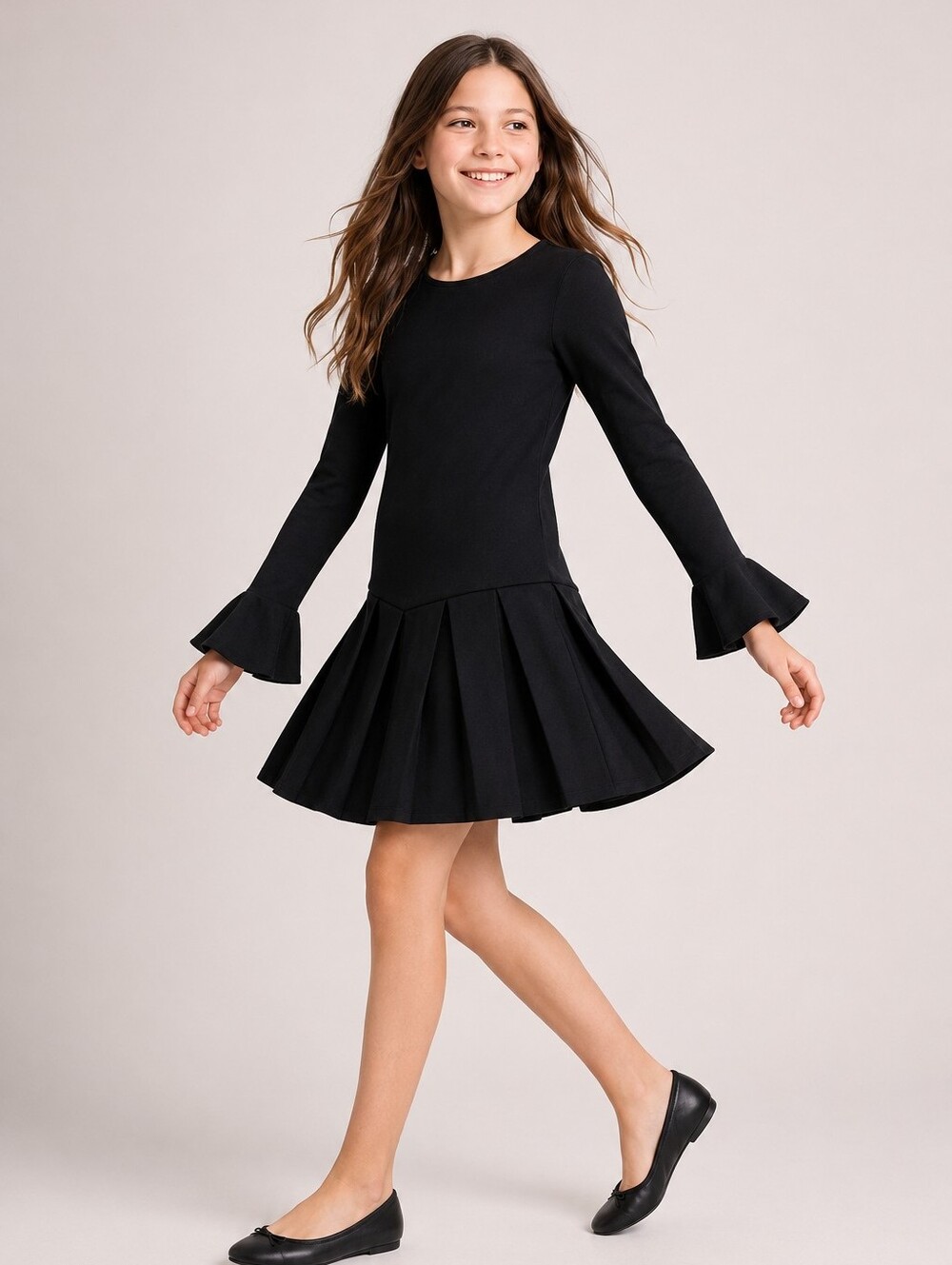 Girls' Black Long-Sleeve Drop Waist Pleated Skirt